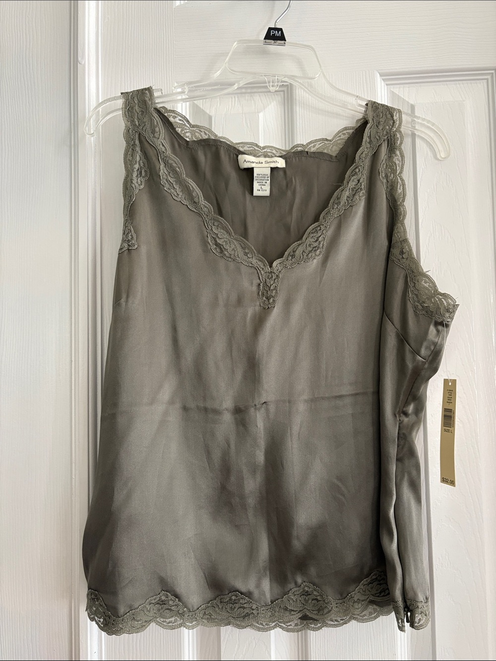 Amanda Smith Olive Lace Trim Silk Camisole Vintage Cami blouse Womens Large NWT